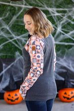 Load image into Gallery viewer, Zoey ZipCowl Sweatshirt -Trick-or-Treat Checkered and Charcoal