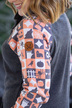 Load image into Gallery viewer, Zoey ZipCowl Sweatshirt -Trick-or-Treat Checkered and Charcoal