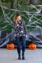 Load image into Gallery viewer, Zoey ZipCowl Sweatshirt - Black Floral and Stripes