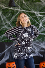 Load image into Gallery viewer, Zoey ZipCowl Sweatshirt - Black Floral and Stripes