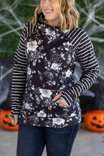 Load image into Gallery viewer, Zoey ZipCowl Sweatshirt - Black Floral and Stripes