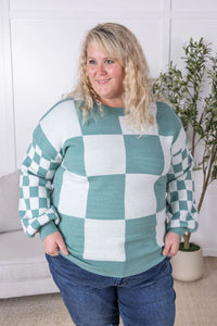 Checkered Pullover Sweater - Dusty Jade