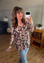 Load image into Gallery viewer, Long Sleeve Sarah Ruffle Top - Navy Autumn Petals