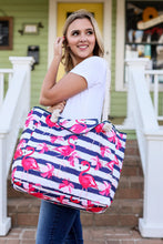 Load image into Gallery viewer, Rope Handle Beach Bag Top Flap - Flamingos and Blue Stripes