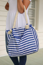 Load image into Gallery viewer, Rope Handle Beach Bag Top Flap - Blue Micro Stripe