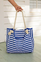 Load image into Gallery viewer, Rope Handle Beach Bag Top Flap - Blue Micro Stripe