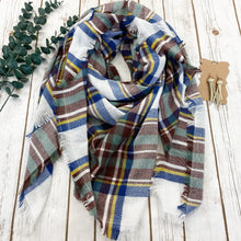 Load image into Gallery viewer, Blanket Scarf - Blue and Brown Plaid