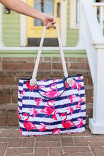 Load image into Gallery viewer, Rope Handle Beach Bag Top Flap - Flamingos and Blue Stripes