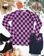 Load image into Gallery viewer, Blair Long Sleeve Top - Black and Purple Checkers