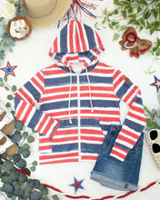 Load image into Gallery viewer, Fullzip Hoodie - Striped Red, White, and Micro Blue Stars
