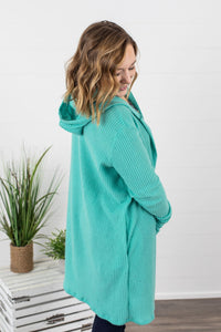 Claire Hooded Waffle Cardigan - Aqua Mint
