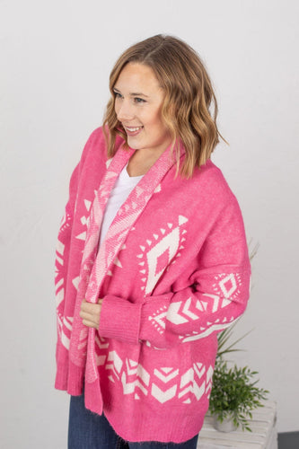 Pink and White Aztec Cowl Cardigan