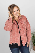 Load image into Gallery viewer, Destroyed Hem Corduroy Jacket - Frosted Cranberry