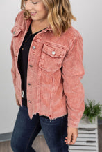 Load image into Gallery viewer, Destroyed Hem Corduroy Jacket - Frosted Cranberry