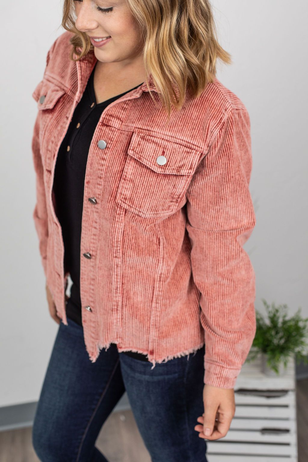 Destroyed Hem Corduroy Jacket - Frosted Cranberry