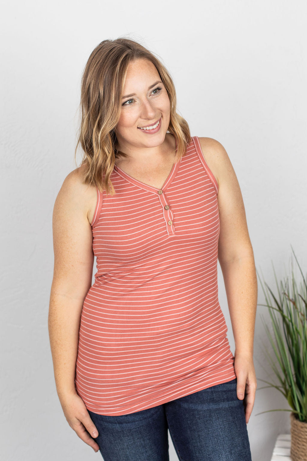 Addison Henley Tank - Dark Pink w/White Stripes