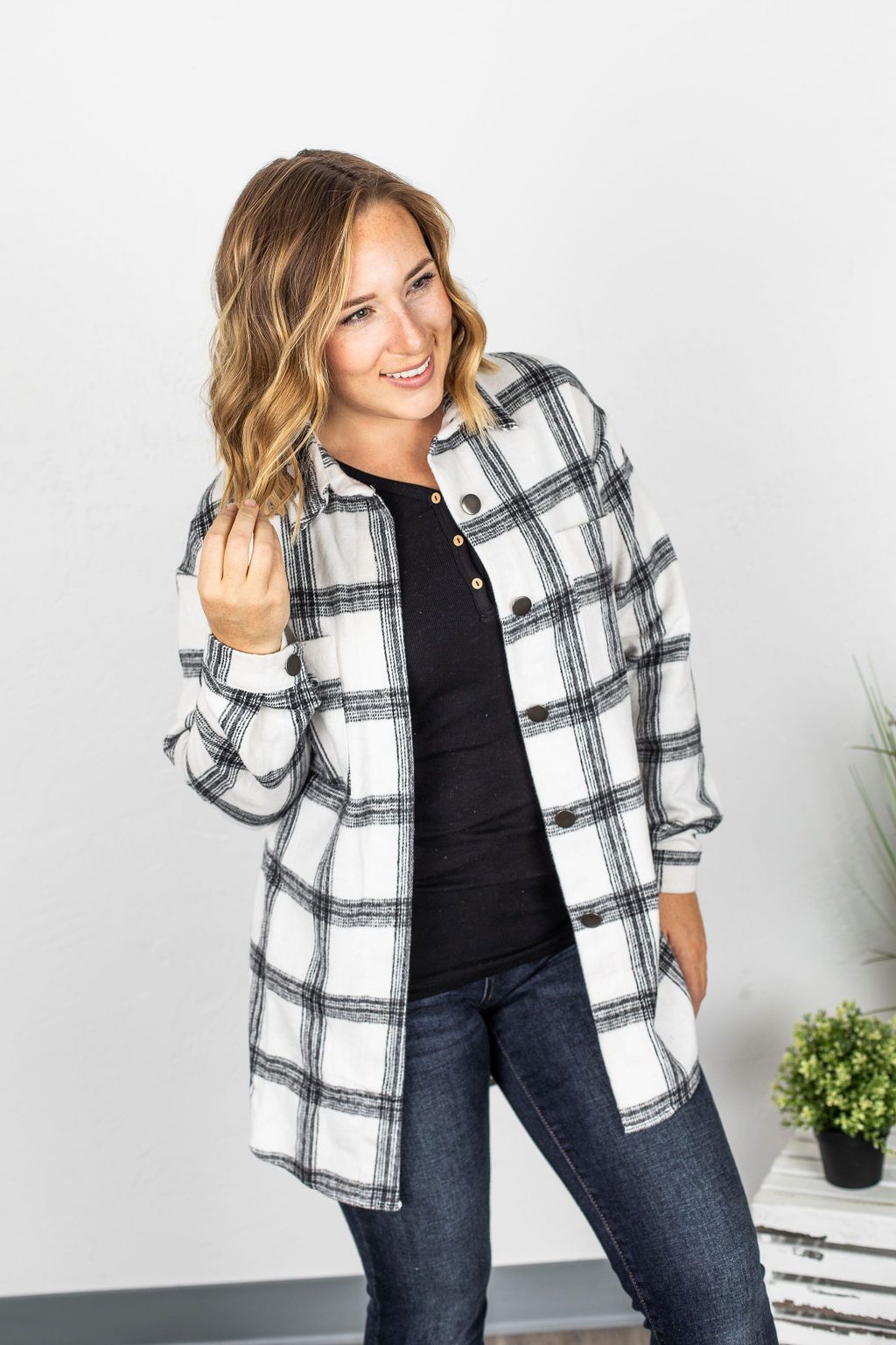 Dolly Long Plaid Shacket - Black and White