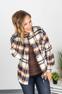 Molly Plaid Shacket - Navy, Brown, and Orange