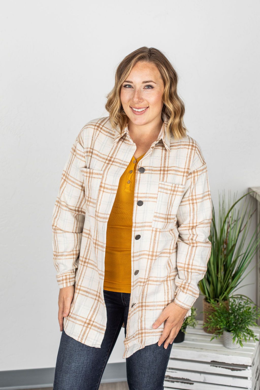 Dolly Long Plaid Shacket  - Camel and Cream