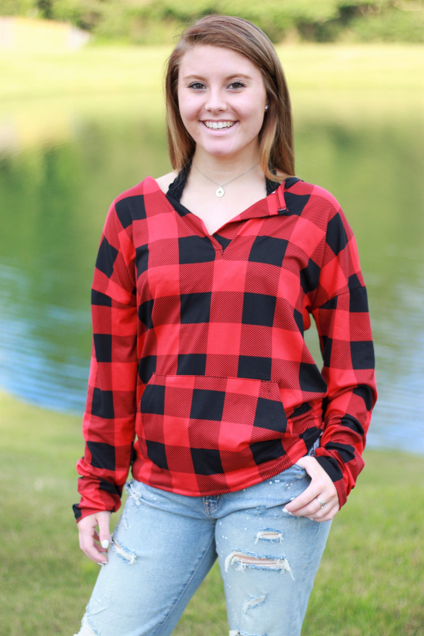 Sadie Kangaroo Top | Red Buffalo Plaid