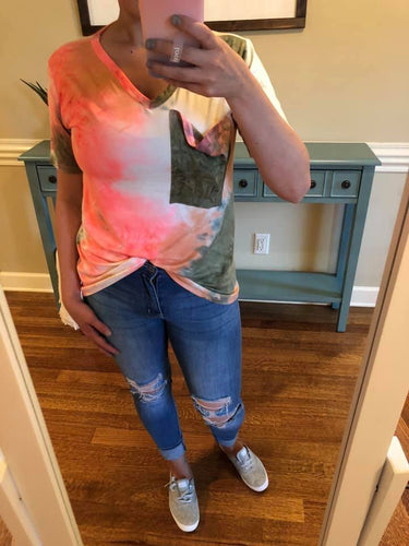 Hot Coral and Olive Tie Dye Slouchy Pocket Tee