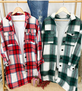 Long Plaid Shacket - Green Mix