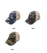 Load image into Gallery viewer, C.C Camo Distressed Ponytail Hat- Multiple Colors