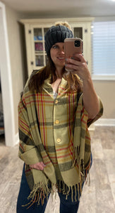 Button Plaid Shawl