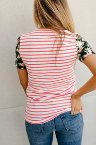Lulu Tee- Coral Stripe & Floral Accent