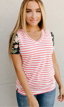 Load image into Gallery viewer, Lulu Tee- Coral Stripe &amp; Floral Accent