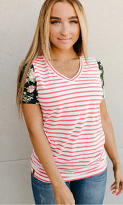 Lulu Tee- Coral Stripe & Floral Accent