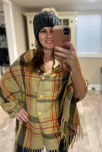 Button Plaid Shawl