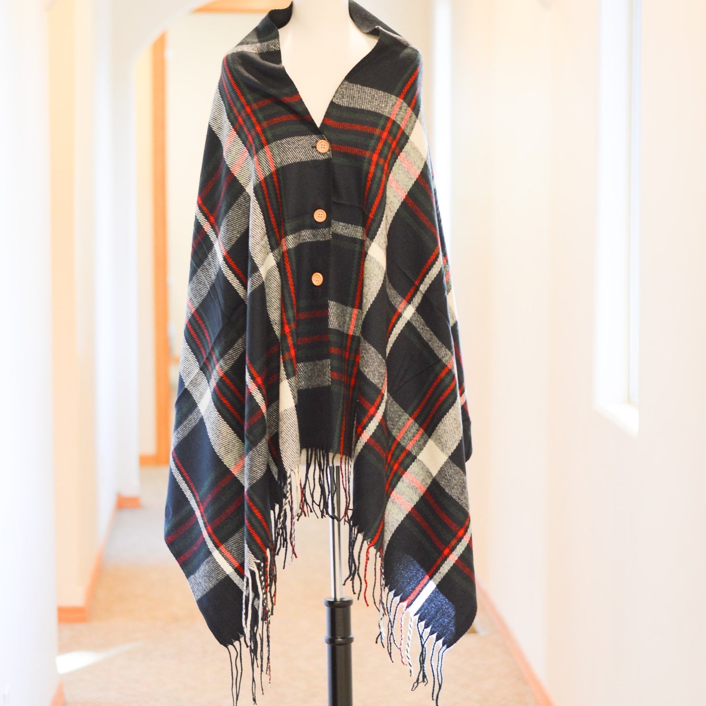 Button Plaid Shawl