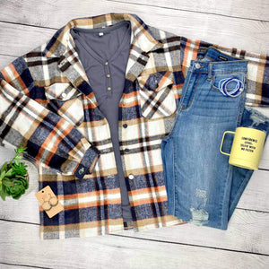 Molly Plaid Shacket - Navy, Brown, and Orange